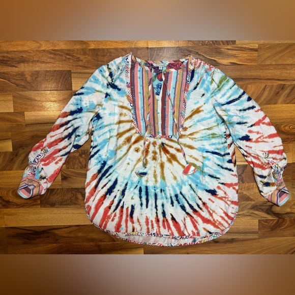 John Mark Tops - John Mark Tie Dye Boho Peasant Top Small
